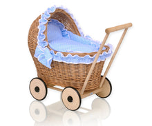 Load image into Gallery viewer, Blue Frill, Natural Wicker dolls pram
