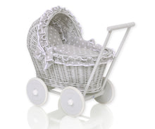 Load image into Gallery viewer, Grey Polka Frill, Grey Wicker dolls pram