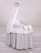 Load image into Gallery viewer, Grey polka drape wicker dolls Moses basket
