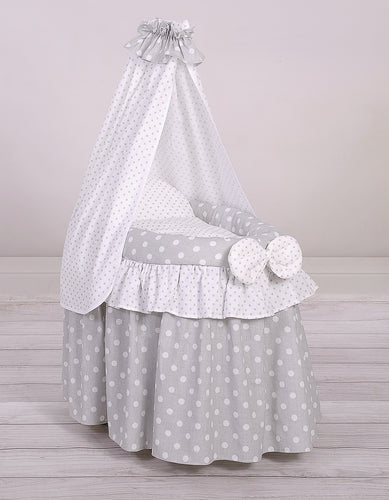 Grey polka drape wicker dolls Moses basket