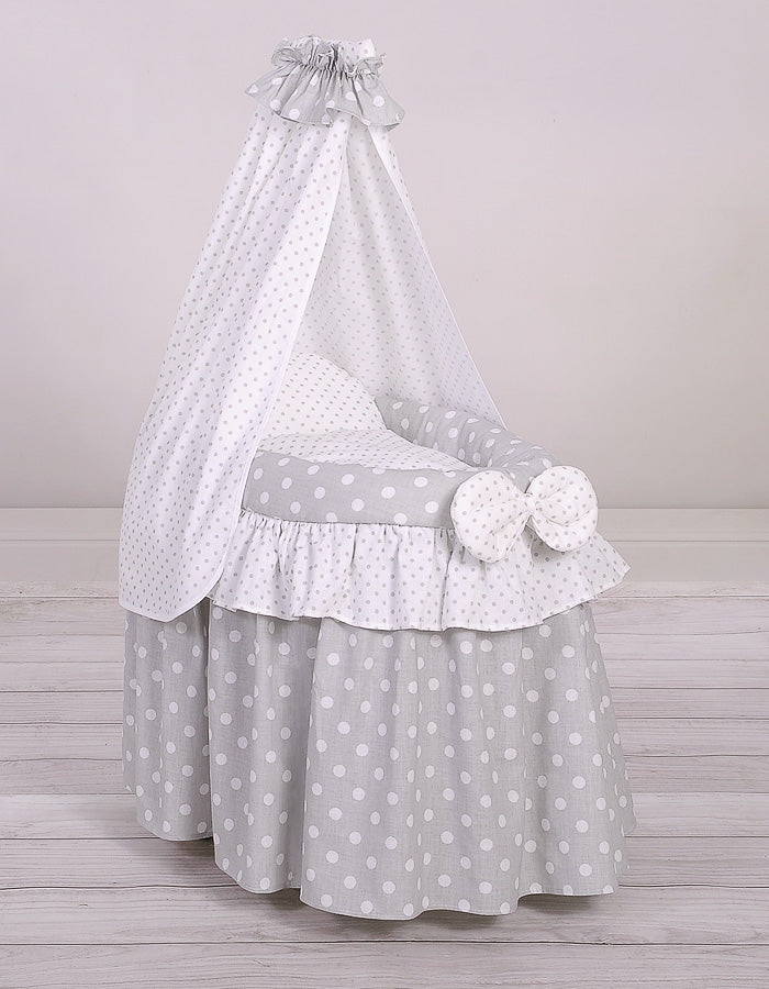 Grey polka drape wicker dolls Moses basket
