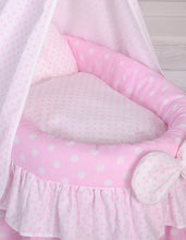 Load image into Gallery viewer, Pink polka drape wicker dolls Moses basket