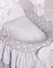 Load image into Gallery viewer, Grey polka wicker dolls Moses basket