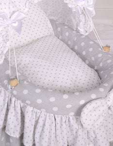 Grey polka wicker dolls Moses basket