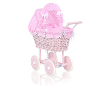 Load image into Gallery viewer, Pink Wicker dolls trolley