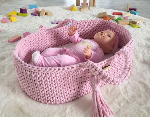 Pink dolls crochet Moses basket