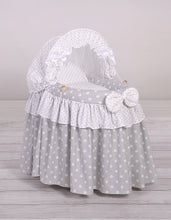Load image into Gallery viewer, Grey polka wicker dolls Moses basket