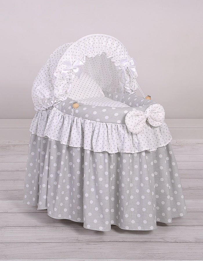 Grey polka wicker dolls Moses basket