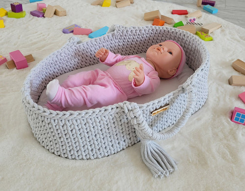 Grey dolls crochet Moses basket