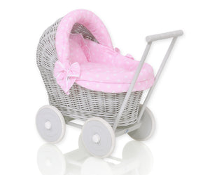 Firm pink Polka, Grey Wicker dolls pram
