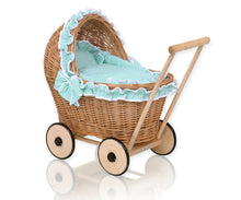Load image into Gallery viewer, Mint Polka Frill, Natural Wicker dolls pram