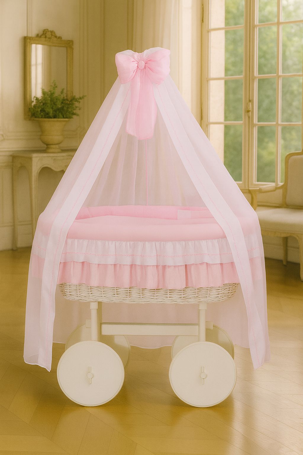 Pink Bow Wicker Bassinet
