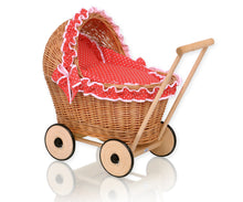 Load image into Gallery viewer, Red Polka Frill, Natural Wicker dolls pram
