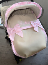 Load image into Gallery viewer, Camel &amp; Pink Leatherette Bow Car Seat set extra ruffle