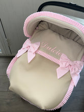 Load image into Gallery viewer, Camel &amp; Pink Leatherette Bow Car Seat set extra ruffle