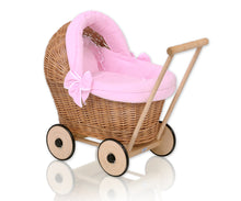 Load image into Gallery viewer, Firm Pink, Natural Wicker dolls pram