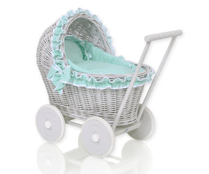 Mint Polka Frill, Grey Wicker dolls pram