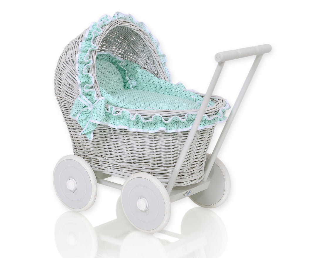 Mint Polka Frill, Grey Wicker dolls pram