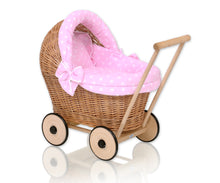 Load image into Gallery viewer, Firm Pink Polka, Natural Wicker dolls pram