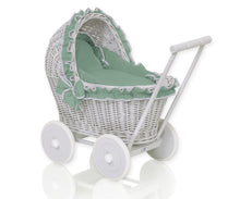 Load image into Gallery viewer, Pastel Green Frill, Grey Wicker dolls pram
