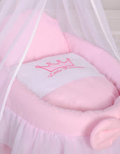 Load image into Gallery viewer, Pink princess drape wicker dolls Moses basket