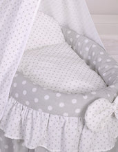 Load image into Gallery viewer, Grey polka drape wicker dolls Moses basket