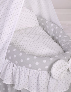Grey polka drape wicker dolls Moses basket