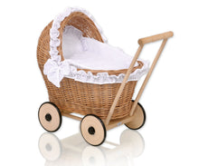 Load image into Gallery viewer, White Lace, Natural Wicker dolls pram