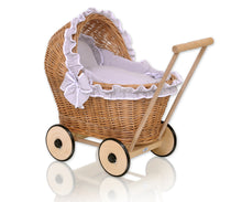 Load image into Gallery viewer, Grey Frill, Natural Wicker dolls pram