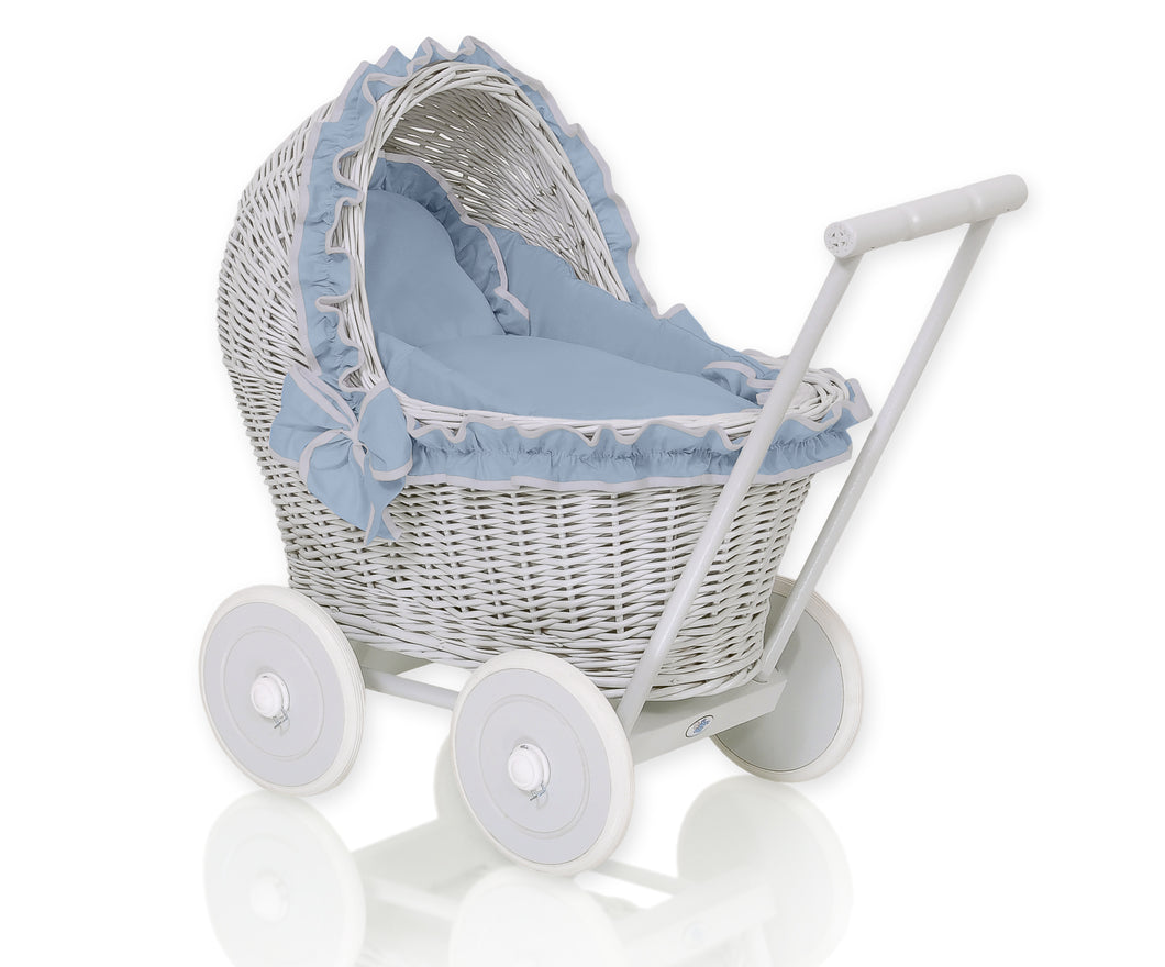 Pastel Blue Frill, Grey Wicker dolls pram