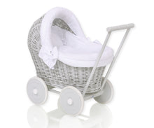 Load image into Gallery viewer, Firm White , Grey Wicker dolls pram