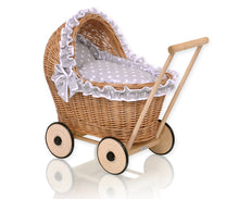 Load image into Gallery viewer, Grey Polka Frill, Natural Wicker dolls pram