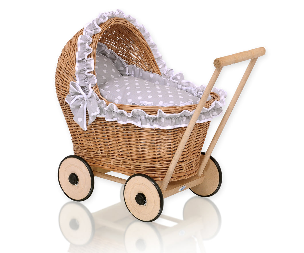 Grey Polka Frill, Natural Wicker dolls pram