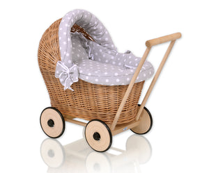 Firm Grey Polka, Natural Wicker dolls pram