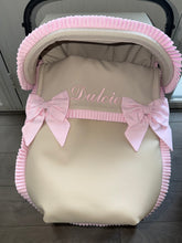 Load image into Gallery viewer, Camel &amp; Pink Leatherette Bow Car Seat set extra ruffle