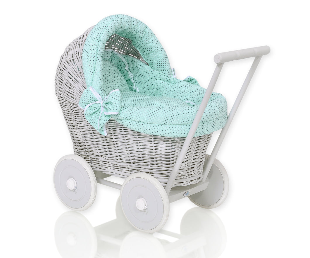 Firm Mint Polka, Grey Wicker dolls pram