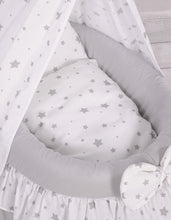 Load image into Gallery viewer, Grey star drape wicker dolls Moses basket