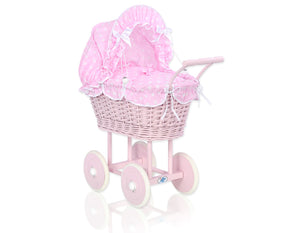 Pink polka Wicker dolls trolley pink base
