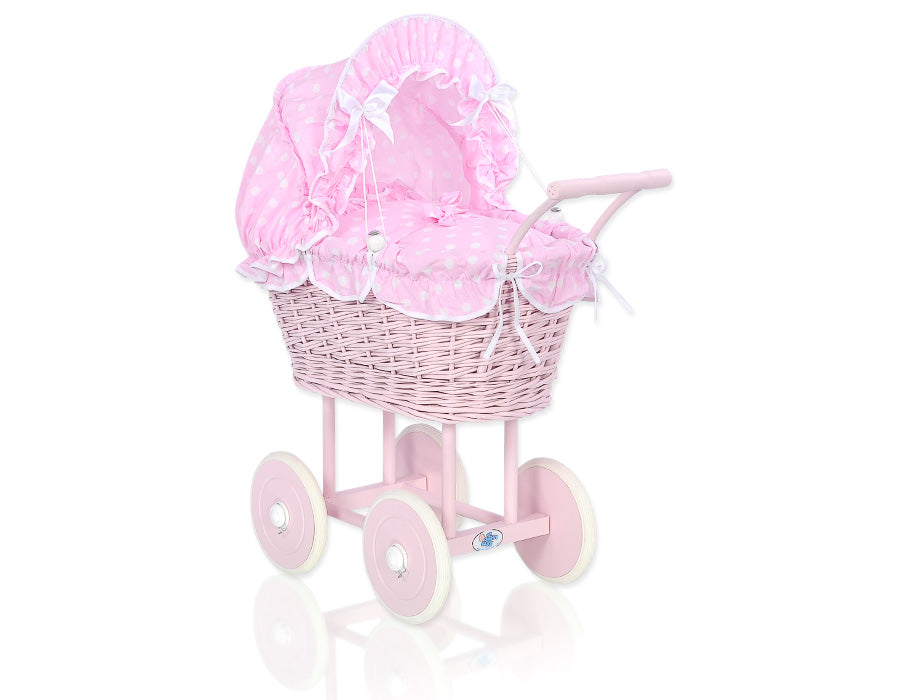 Pink polka Wicker dolls trolley pink base