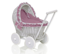 Load image into Gallery viewer, Pastel Mauve Frill, Grey Wicker dolls pram