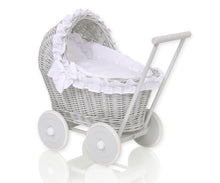 Load image into Gallery viewer, White Frill, Grey Wicker dolls pram