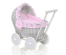 Load image into Gallery viewer, Pink Polka Frill, Grey Wicker dolls pram