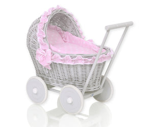 Pink Polka Frill, Grey Wicker dolls pram