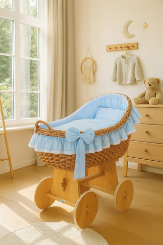 Blue Bow Natural Wicker Bassinet