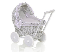 Load image into Gallery viewer, Grey Frill, Grey Wicker dolls pram