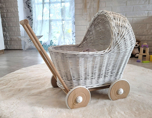 White Wicker dolls pram