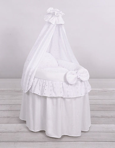 White lace drape wicker dolls Moses basket