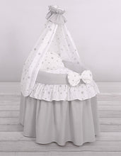 Load image into Gallery viewer, Grey star drape wicker dolls Moses basket