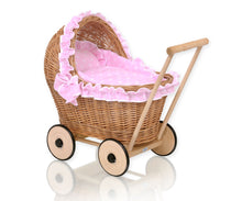 Load image into Gallery viewer, Pink Polka Frill, Natural Wicker dolls pram