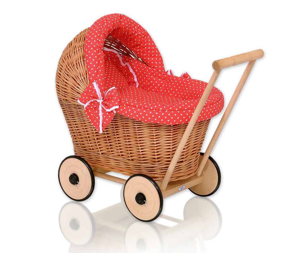 Firm Red Polka, Natural Wicker dolls pram